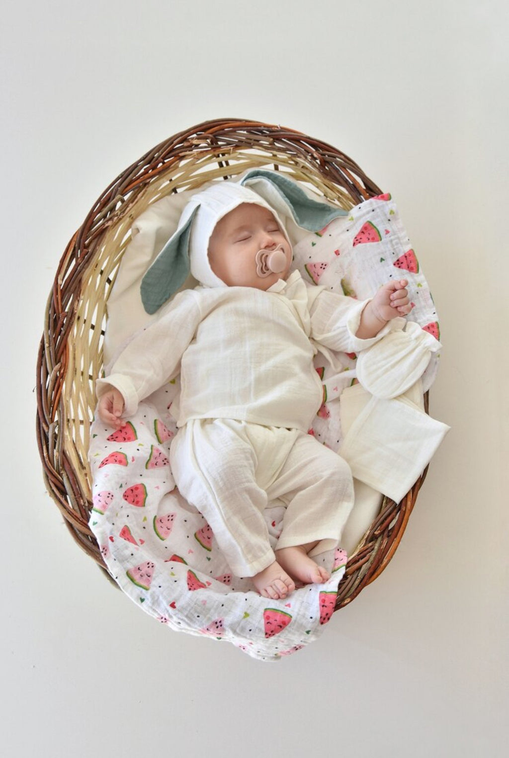 Muslin newborn set | Biologisch katoen | Blauwe oortjes | 4-delig