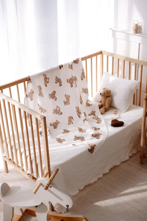 Vierlaags hydrofiele deken van 100x100 cm met schattige teddybeerprint, zacht en ademend voor baby's