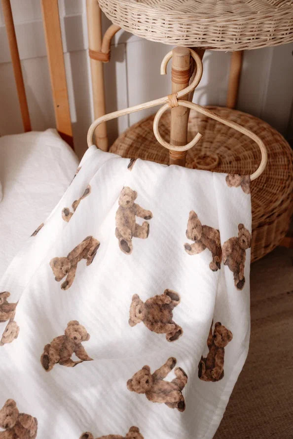 Vierlaags hydrofiele deken van 100x100 cm met schattige teddybeerprint, zacht en ademend voor baby's