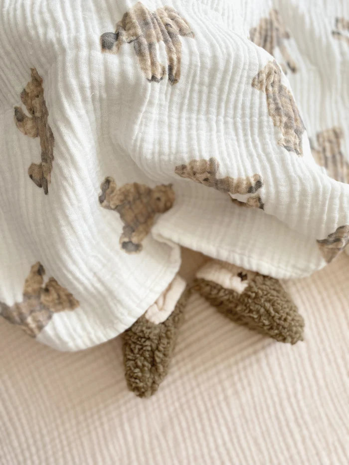 Vierlaags hydrofiele deken van 100x100 cm met schattige teddybeerprint, zacht en ademend voor baby's